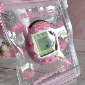 Glitter Tamagotchi Case or Fan Photocard or ID Holder: Candy, Strawberry, Melon Protective Sleeve with Handmade Charm Attachments