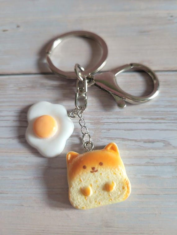 Cute Animal Toast with Fried Egg Sunny Side Up or Croissant Keychain - Cute Breakfast Charm Corgi, Puppy, Ducky, Bear, Kitty Toast Keychains