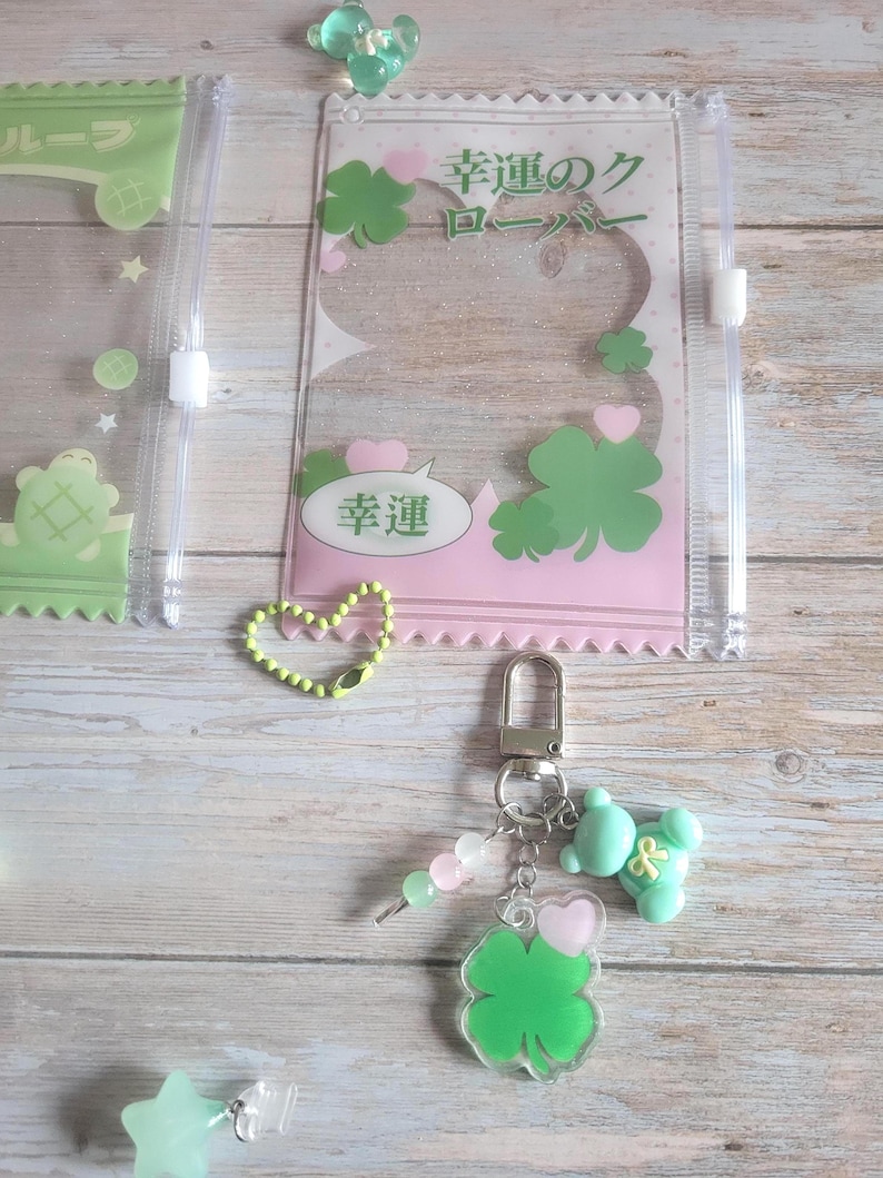Glitter Tamagotchi Case or Fan Photocard or ID Holder: Candy, Strawberry, Melon Protective Sleeve with Handmade Charm Attachments 4 Leaf Clover