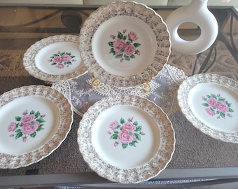 Vintage Sebring China Salad Plates (Set of 5) - 22k Gold Trim, Pink Roses