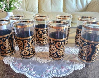 Vintage Culver Gold Schwarz Barock Highball Gläser Barware Hollywood Regency Becher - 8er Set