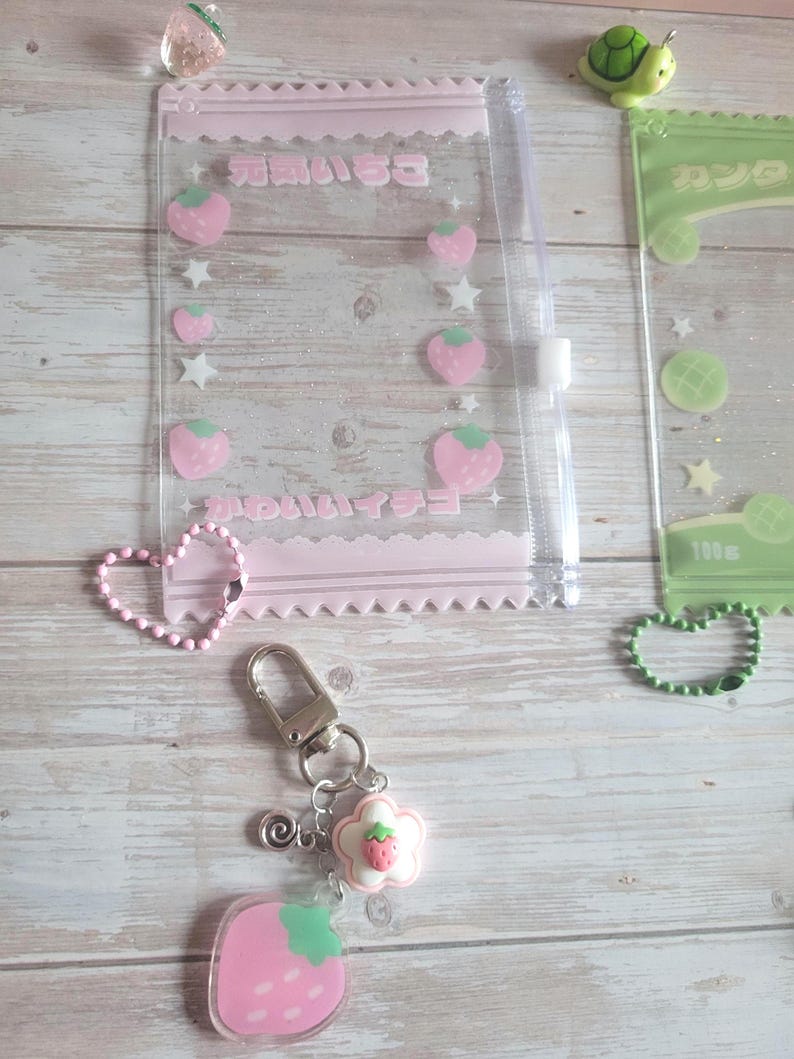 Glitter Tamagotchi Case or Fan Photocard or ID Holder: Candy, Strawberry, Melon Protective Sleeve with Handmade Charm Attachments Strawberry