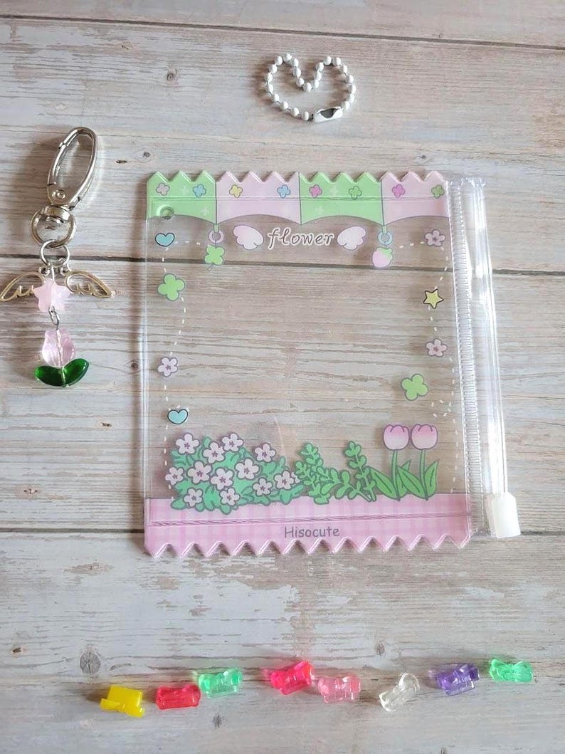 Glitter Tamagotchi Case or Fan Photocard or ID Holder: Candy, Strawberry, Melon Protective Sleeve with Handmade Charm Attachments Flower Pink