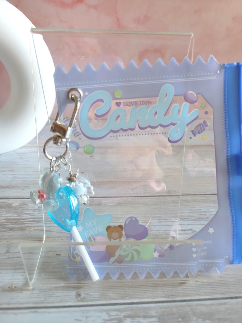 Glitter Tamagotchi Case or Fan Photocard or ID Holder: Candy, Strawberry, Melon Protective Sleeve with Handmade Charm Attachments Candy Blue