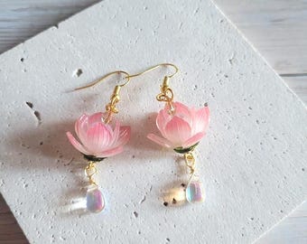 Water Lily Flower Dew Drop Dangle Earrings, Gold or Silver Accents, Customizable