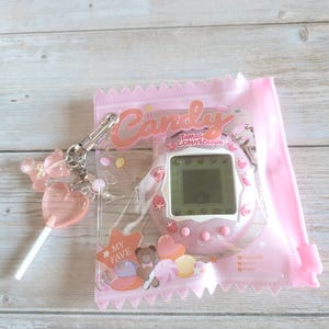 Glitter Tamagotchi Case or Fan Photocard or ID Holder: Candy, Strawberry, Melon Protective Sleeve with Handmade Charm Attachments Candy Pink