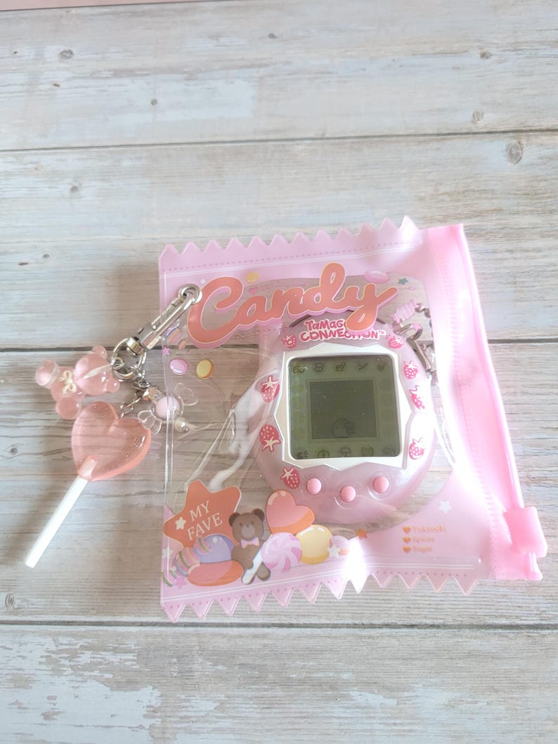 Glitter Tamagotchi Case or Fan Photocard or ID Holder: Candy, Strawberry, Melon Protective Sleeve with Handmade Charm Attachments Candy Pink
