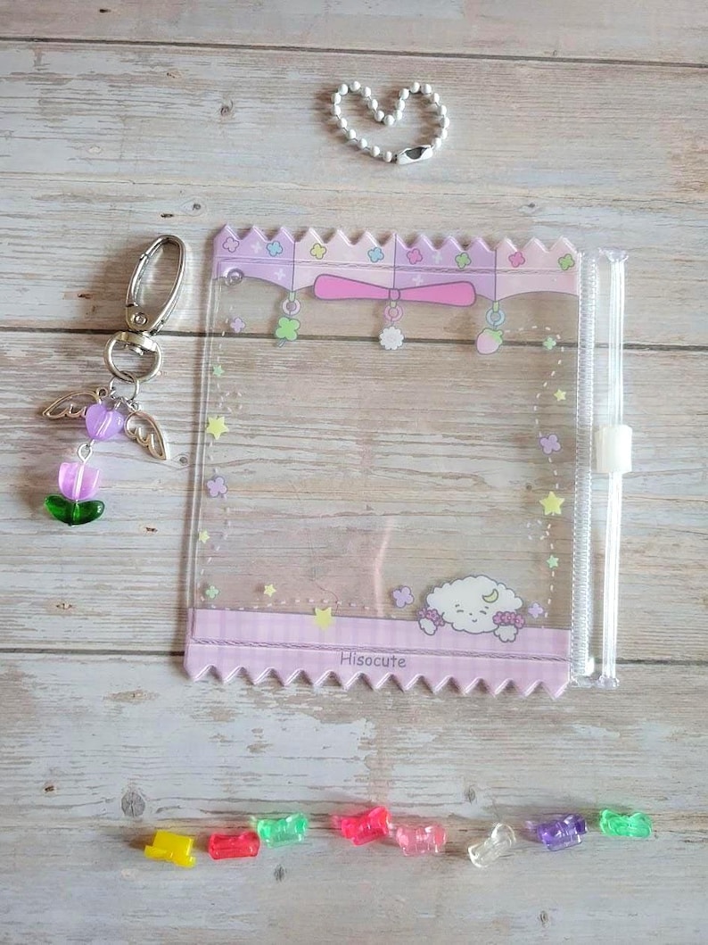 Glitter Tamagotchi Case or Fan Photocard or ID Holder: Candy, Strawberry, Melon Protective Sleeve with Handmade Charm Attachments Flower Purple