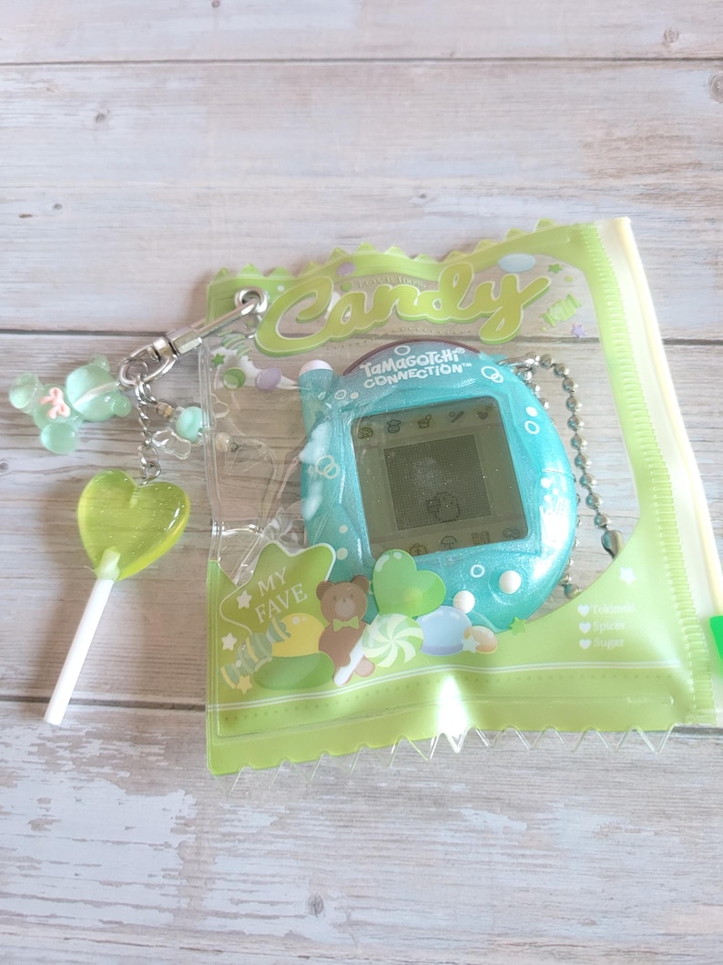 Glitter Tamagotchi Case or Fan Photocard or ID Holder: Candy, Strawberry, Melon Protective Sleeve with Handmade Charm Attachments Candy Green