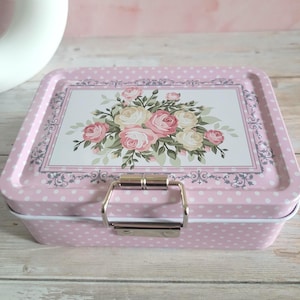 Vintage Style Floral Tin Box with Removable Tray | Pink Metal Storage Box I Cottagecore Organizer | Jewelry Sewing Craft Storage