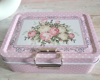 Vintage Style Floral Tin Box with Removable Tray | Pink Metal Storage Box I Cottagecore Organizer | Jewelry Sewing Craft Storage