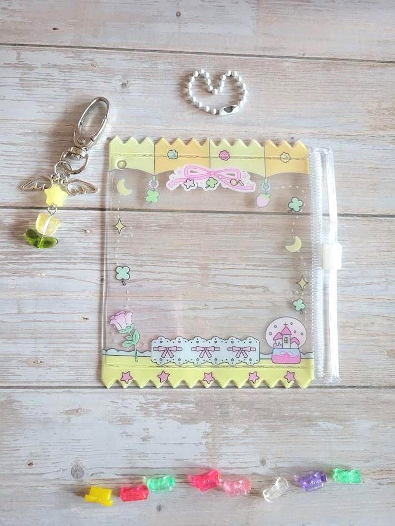 Glitter Tamagotchi Case or Fan Photocard or ID Holder: Candy, Strawberry, Melon Protective Sleeve with Handmade Charm Attachments Flower Yellow