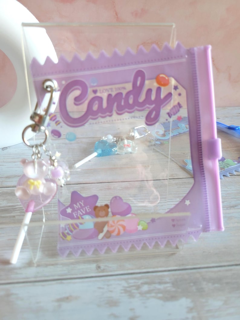 Glitter Tamagotchi Case or Fan Photocard or ID Holder: Candy, Strawberry, Melon Protective Sleeve with Handmade Charm Attachments Candy Purple