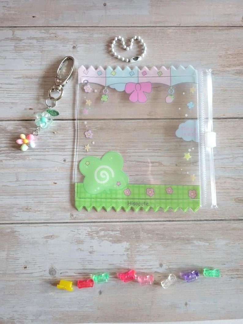 Glitter Tamagotchi Case or Fan Photocard or ID Holder: Candy, Strawberry, Melon Protective Sleeve with Handmade Charm Attachments Flower Green