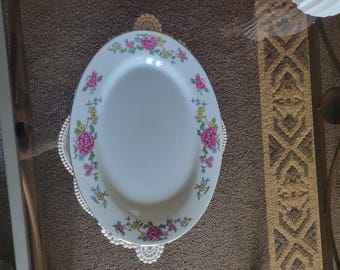 Vintage Floral Oval Serving Platter China Gold Rim
