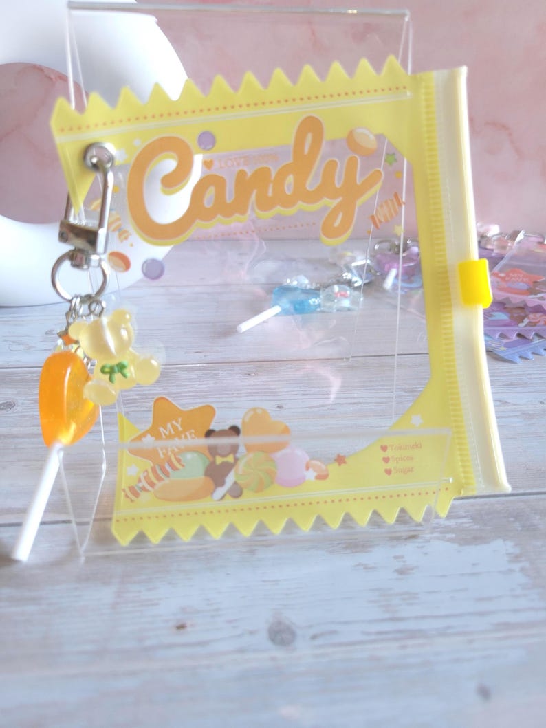 Glitter Tamagotchi Case or Fan Photocard or ID Holder: Candy, Strawberry, Melon Protective Sleeve with Handmade Charm Attachments Candy Yellow