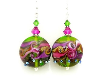 Hot Pink Purple Earrings, Lampwork Earrings, Glass Earrings, Glass Bead Earrings, Lampwork Jewelry, Bead Earrings, Colorful Earrings