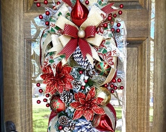 Poinsettia Christmas Wreath, Poinsettia Swag, Christmas Swag, Front Door Wreath, Elegant Christmas Wreath, Flocked Christmas Wreath