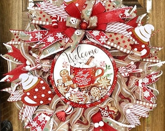 Hot Cocoa Christmas Wreath, Hot Cocoa Decor, Hot Cocoa and Peppermint, Front Door Wreath, Door Hanger