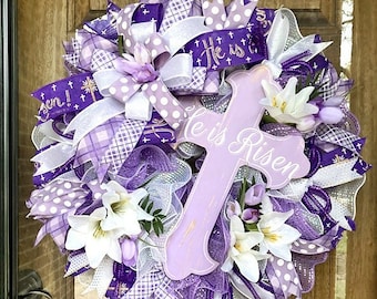 He Is Risen Cross Easter Wreath, Religious Wreath, He Is Risen Door Hanger, Mesh Wreath, Easter Decor, Front Door Wreath