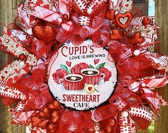 Valentine Wreath, Valentine's Day Wreath, Cupid's Love Is Brewing Wreath, Front Door Wreath, Mesh Wreath, Valentine's Day Decor, Door Hanger