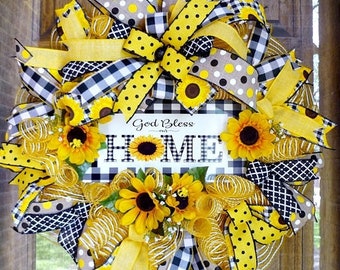 God Bless Our Home Sunflower Wreath, Welcome Wreath, Yellow Wreath, Front Door Wreath, Everyday Wreath, Door Hanger, Mesh Wreath