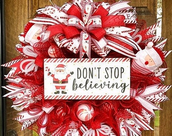 Christmas Wreath, Santa Claus and Peppermint Wreath, Red and White Christmas Decor, Front Door Wreath, Door Hanger, Front Porch Wreath