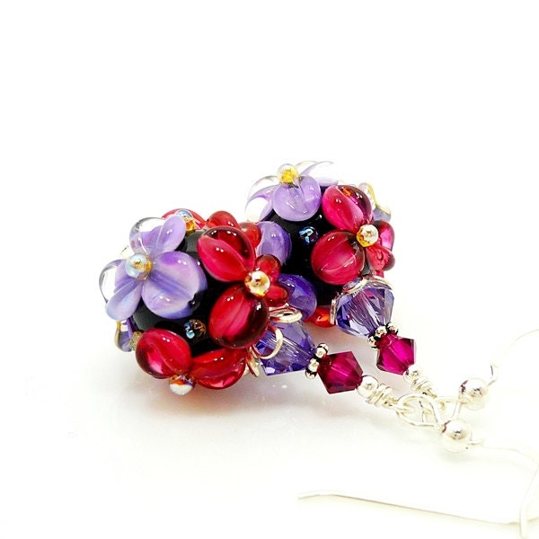 Cranberry Purple Earrings, Floral Earrings, Lampwork Earrings, Glass Bead Earrings, Glass Earrings, Dangle Earrings, Beadwork Earrings