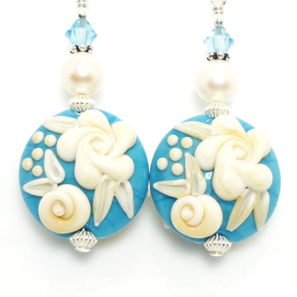 Turquoise Blue Earrings, Lampwork Earrings, Glass Flower Earrings, Turquoise Blue Ivory Cameo Rose Earrings, Pearl Earrings