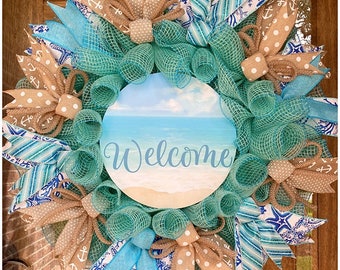 Beach Wreath, Welcome Wreath, Summer Welcome Wreath, Beach House Wreath, Beach Door Hanger, Front Porch Wreath, Beach Decor, Mesh Wreath