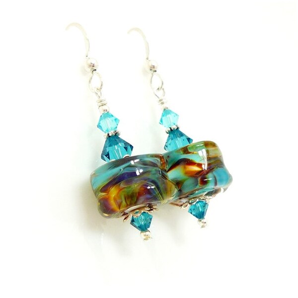 Turquoise Rolo Earrings, Lampwork Earrings, Glass Earrings, Glass Bead Earrings, Glass Beads Jewelry, Unique Earrings, Beadwork Earrings