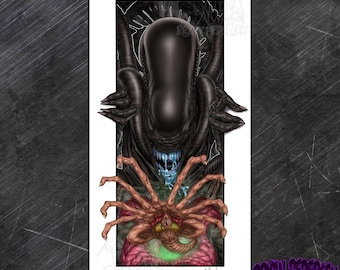 Alien Xenomorph Facehugger 12x24 Comic Style Horror Art Print