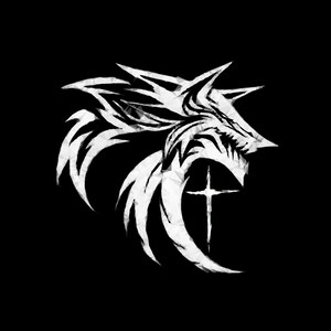 May include: A white stylized illustration of a wolf's head with a cross behind it. The wolf's head is facing the right side of the image. The cross is behind the wolf's head and is centered in the image.