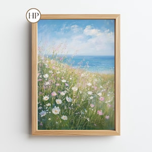 Printable Coastal Wildflower Field Landscape Painting, Vintage Summer Print Beach Print Farmhouse Print Spring Wall Art Floral Art Sea #16