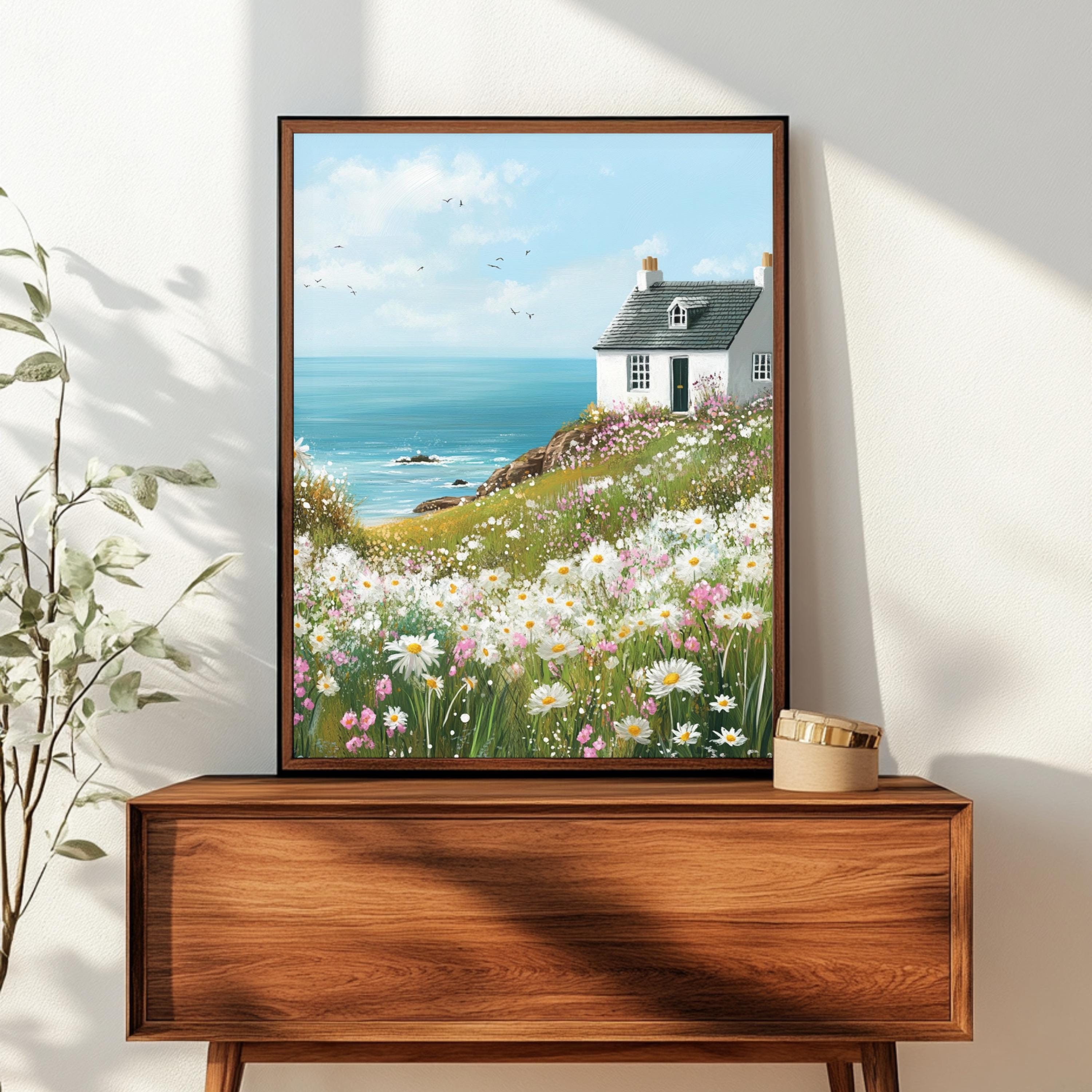 Coastal Cottage Wildflower Digital Art Print | Seaside Landscape ...