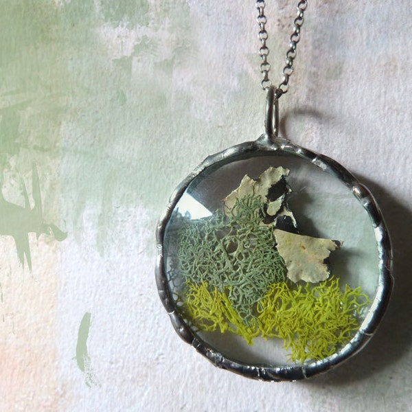 Green Moss Lichen Pendant Necklace. Sterling Silver Chain. Round Medium Glass Lens. Woodland Jewelry
