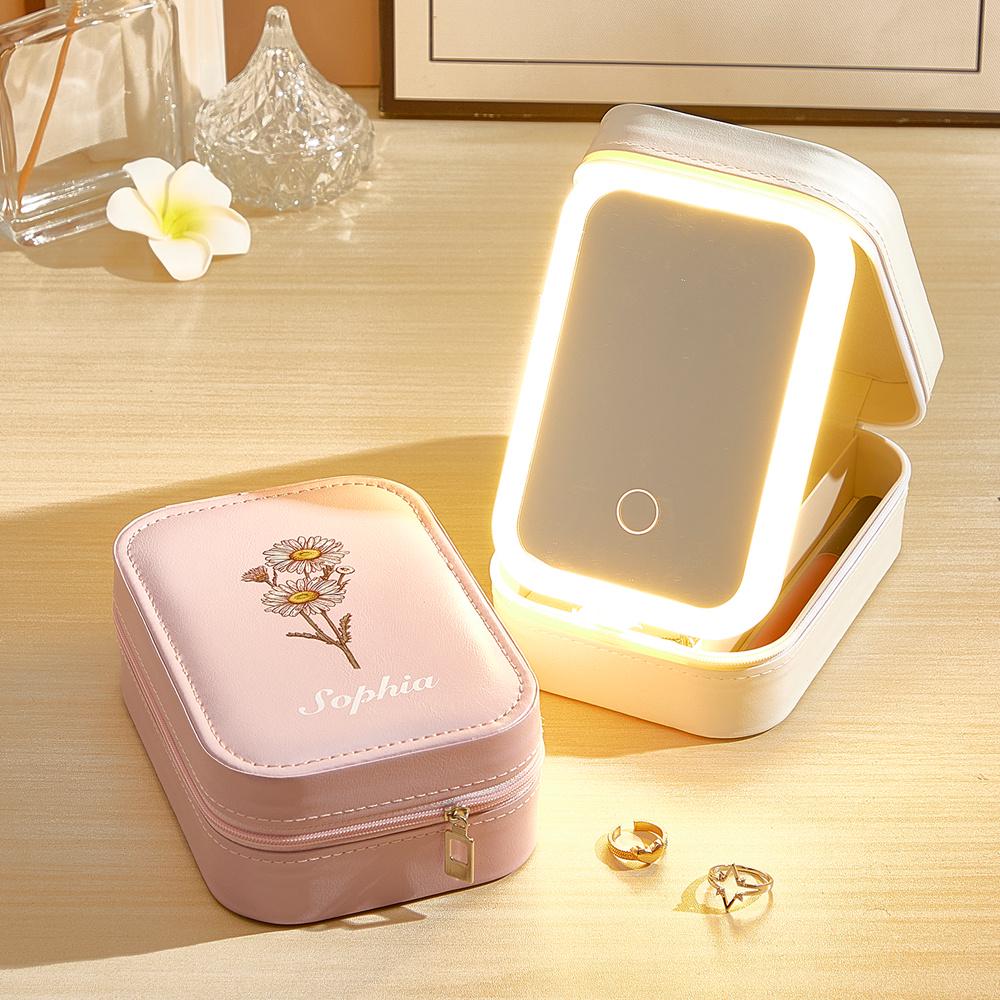 Discover Personalized Birth Flower PU Leather Jewelry Box with LED, Gift for Her