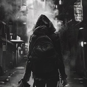 May include: A person wearing a hooded jacket and carrying a backpack walks down a dark, narrow alleyway. The alley is lined with tall buildings and there is smoke in the air.