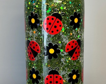 Plastic 16oz Snow Globe Tumbler Cup - Ladybugs w/ Black Flowers