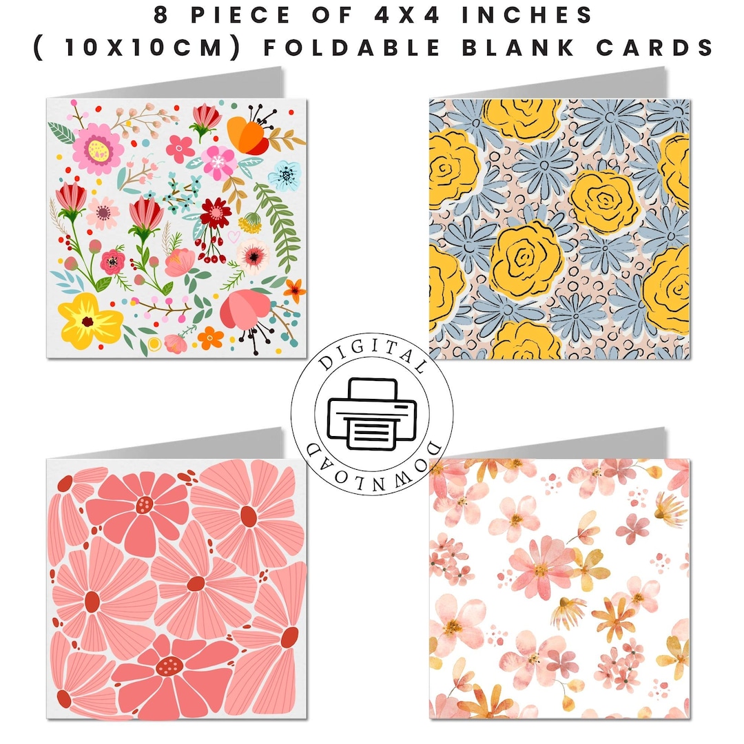 Printable Floral Greeting Cards Set – 8 Foldable Blank Cards 4x4 ...