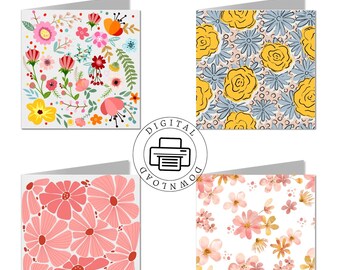 Printable Floral Greeting Cards Set – 8 Foldable Blank Cards 4x4” (10x10cm) – Digital Download Stationery for Thank You, Notes, Invitations