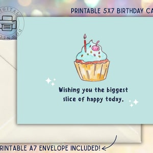 Cartão de aniversário fofo para impressão – Design de cupcake fofo 5x7 – Cartão de aniversário digital engraçado com envelope A7 – Download instantâneo, A4 e PDF com letra dos EUA