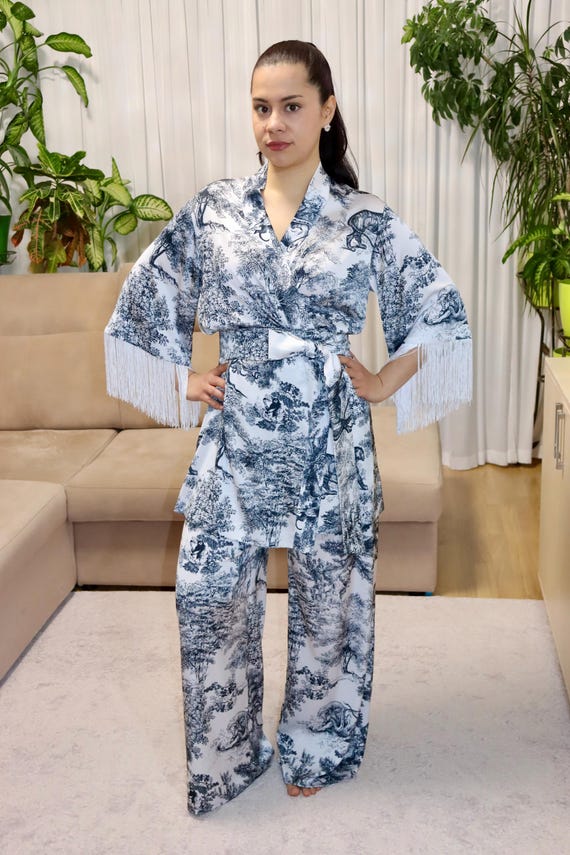 Seda Vestido Kimono Flecos Conjunto De Pijama De Seda, Bata Y