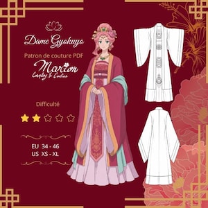 Puede incluir: Un patrón de costura digital para un disfraz de cosplay, con una ilustración de personaje con un atuendo de inspiración asiática tradicional. El diseño incluye una túnica roja y rosa con detalles dorados, y el nivel de dificultad se indica con estrellas. El patrón está disponible en tallas EU 34-46 y US XS-XL.