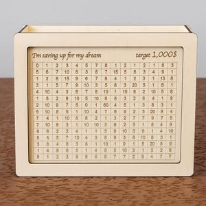 Wooden Savings Box with 1000 Dollar Goal | Dream Fund Money Box | Budget Tracker Cash Box | Wooden Gift for Goal Setting