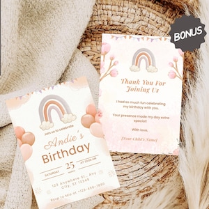 Boho Rainbow Birthday Invitation, Editable Template (Digital Download)