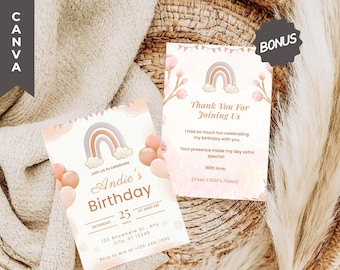 Boho Rainbow Birthday Invitation, Editable Template (Digital Download)