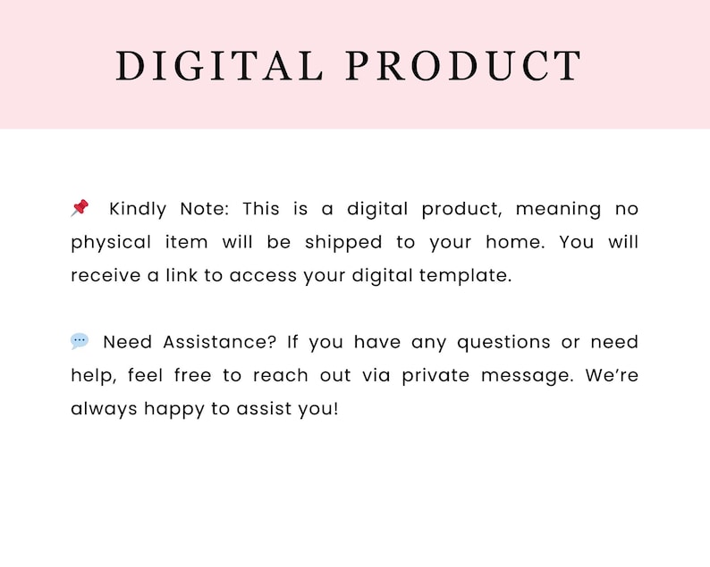 May include: A white background with the words "DIGITAL PRODUCT" in black. Text below states this is a digital product, and you will receive a link. It also offers assistance via private message.