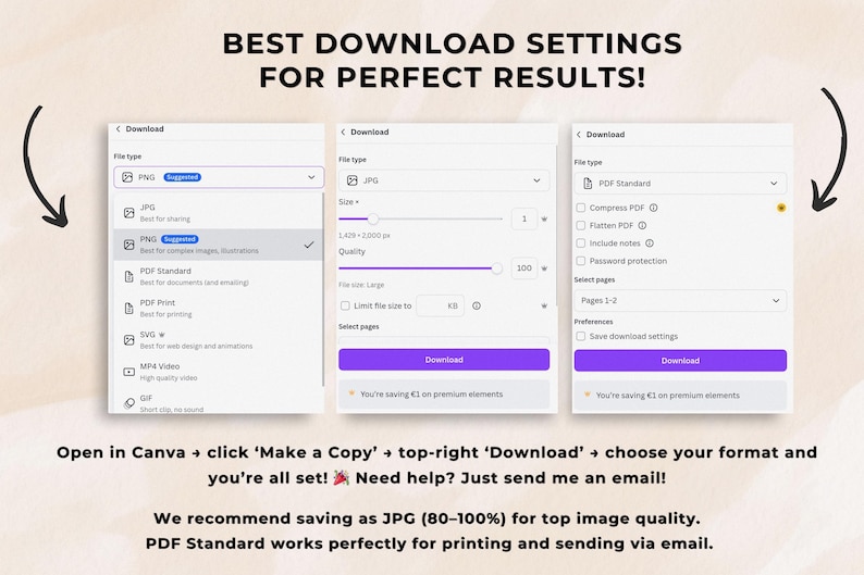 May include: A digital graphic showing download settings for Canva. The image displays three panels with options for file type, size, and quality. Text includes "Best Download Settings for Perfect Results!" and instructions for saving as JPG or PDF.