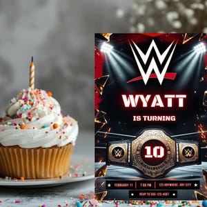 May include: A birthday cupcake with white frosting and colorful sprinkles sits next to a party invitation. The invitation features a wrestling championship belt design with the name "WYATT" and the number "10".